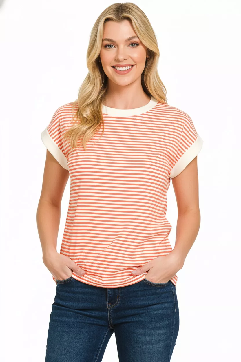 Zenana Striped Round Neck Short Sleeve Contrast Trim T-Shirt - Image 3