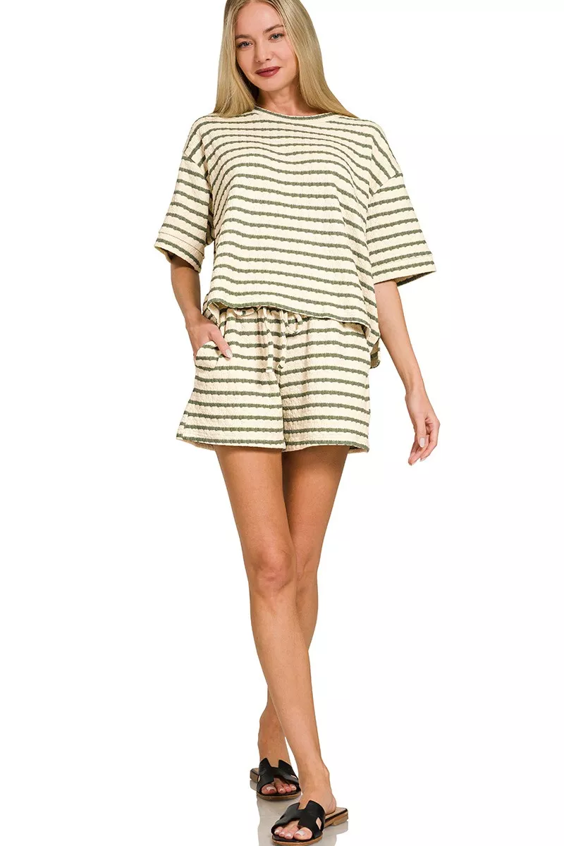 Zenana Striped Short Sleeve Tee & Shorts Set - Image 4