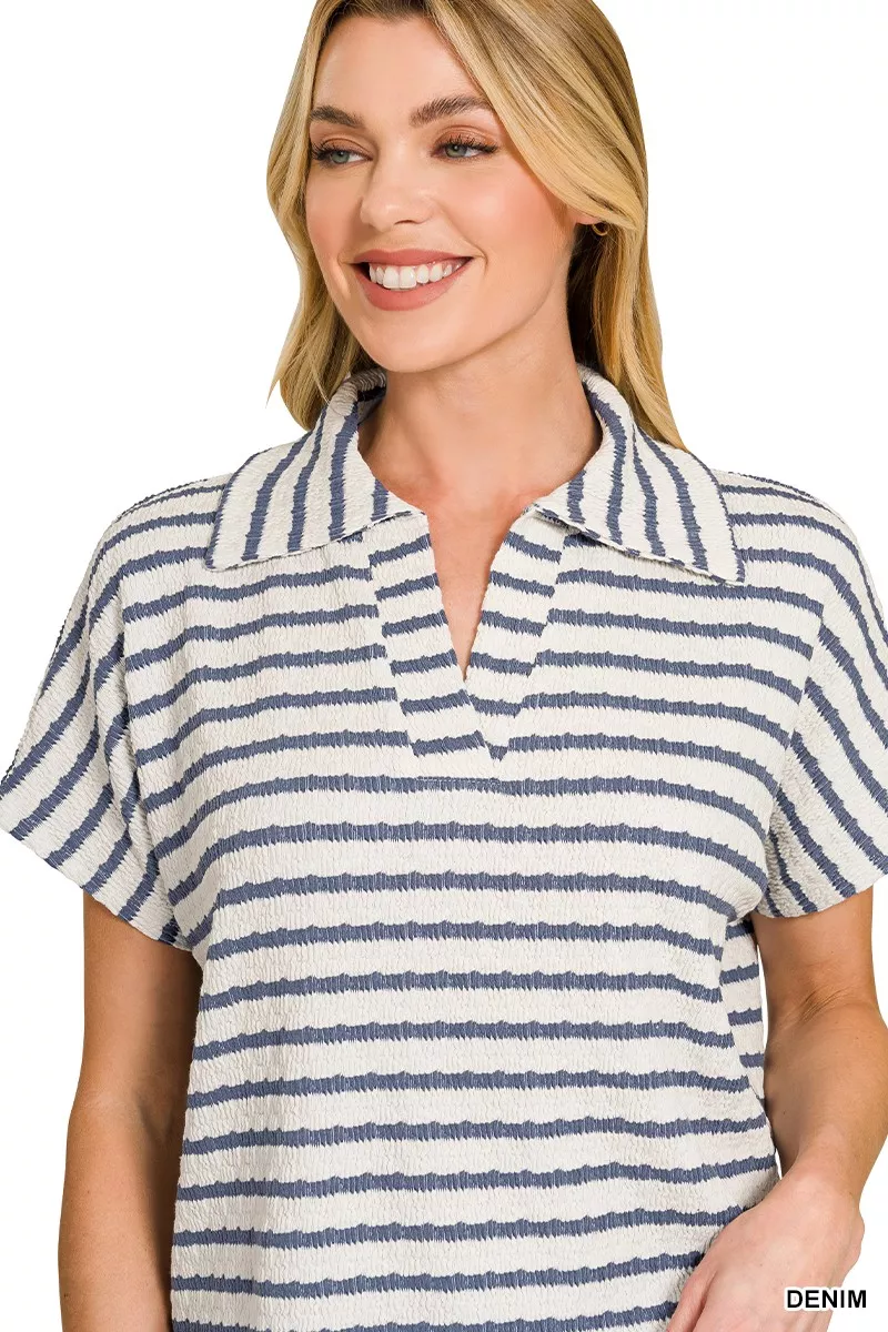 Zenana Striped Split Neck Collared Top - Image 2