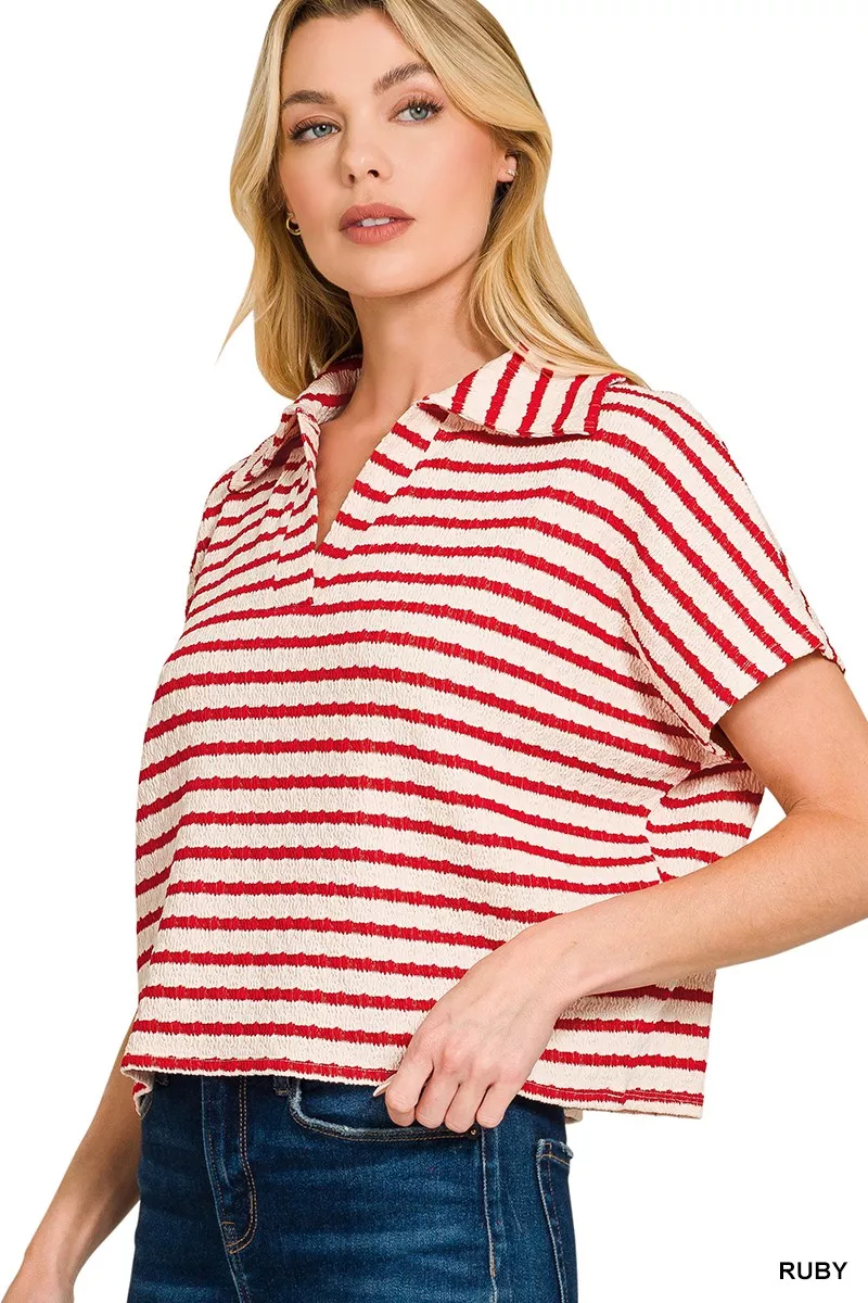 Zenana Striped Split Neck Collared Top - Image 2