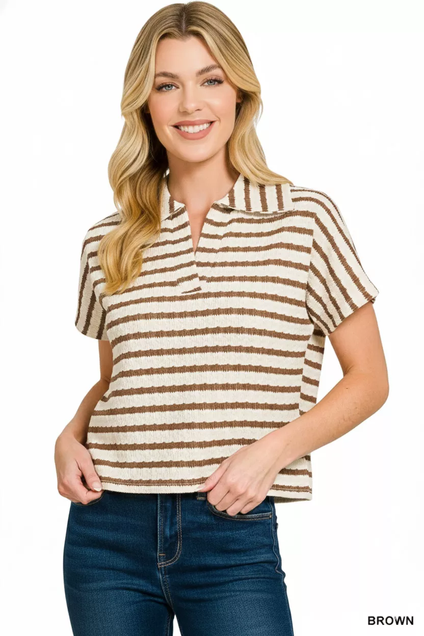 Zenana Striped Split Neck Collared Top - Image 3