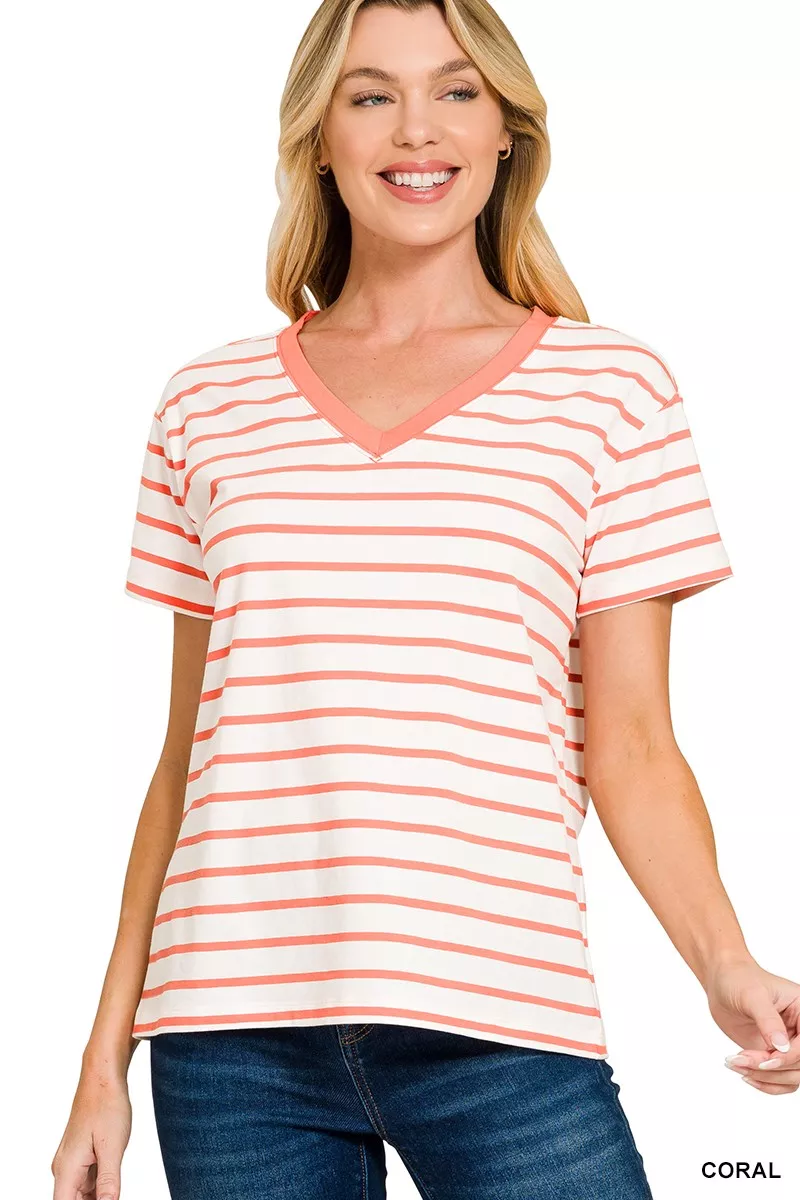 Zenana Striped V-Neck Short Sleeve T-Shirt - Image 2