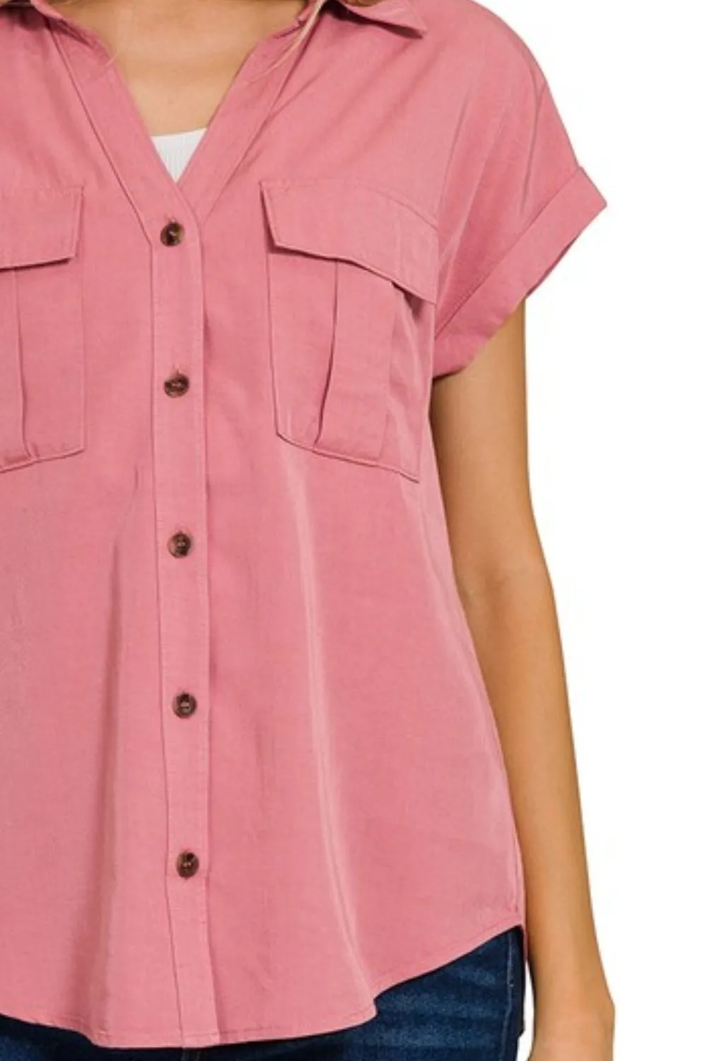 Zenana Tencel V-neck Collared Top W Front Flap Pockets - Image 3