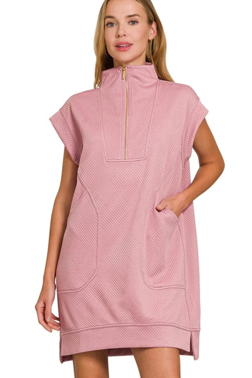 Zenana Textured Knit Jacquard Quarter Zipper Mini Dress - Image 2
