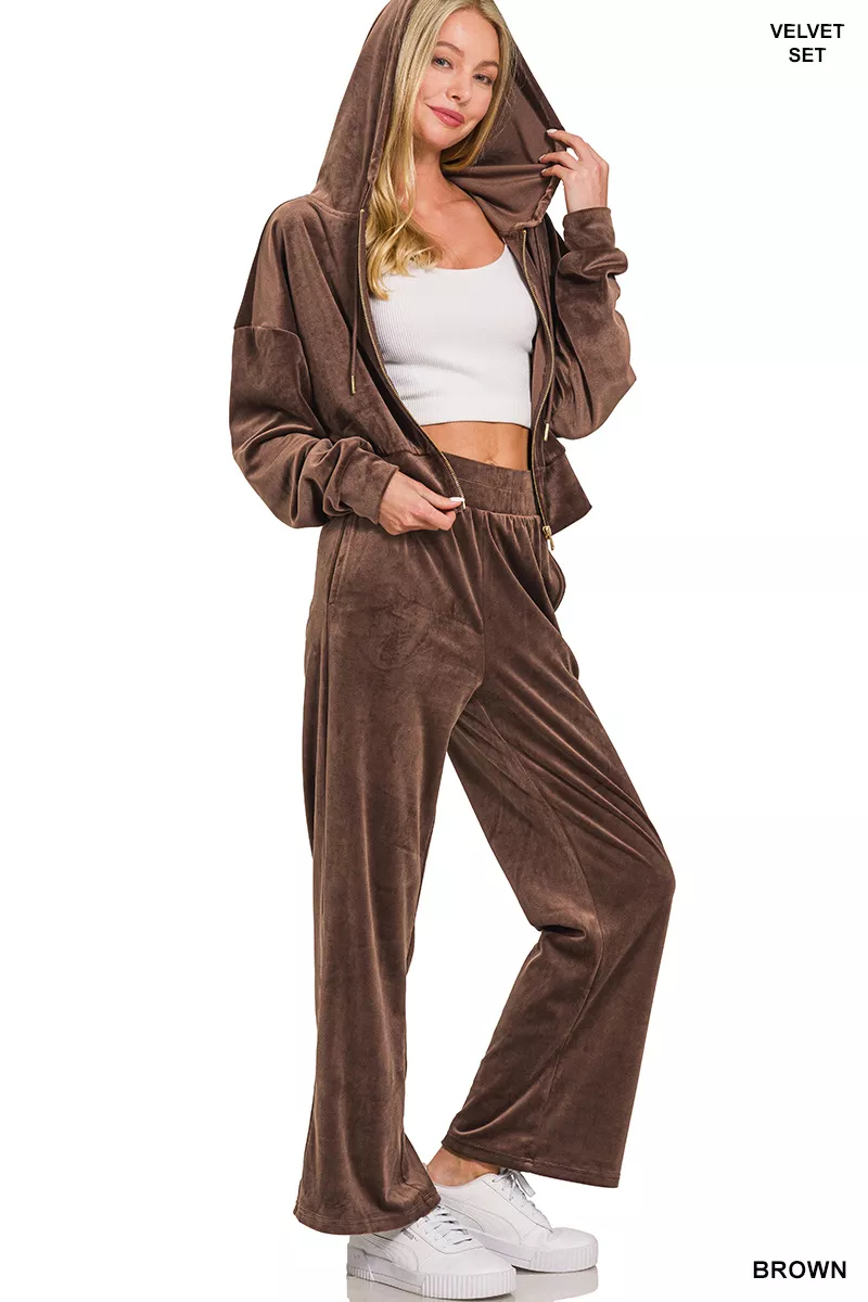 Zenana Velvet Zip Up Hoodie and Pants Set - Image 4