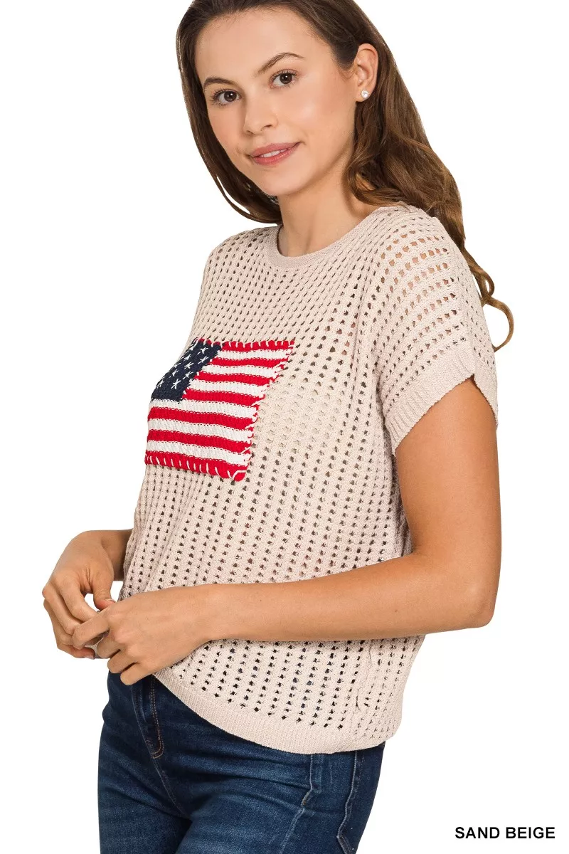 Zenana Viscose American Flag Openwork Knit Top - Image 2