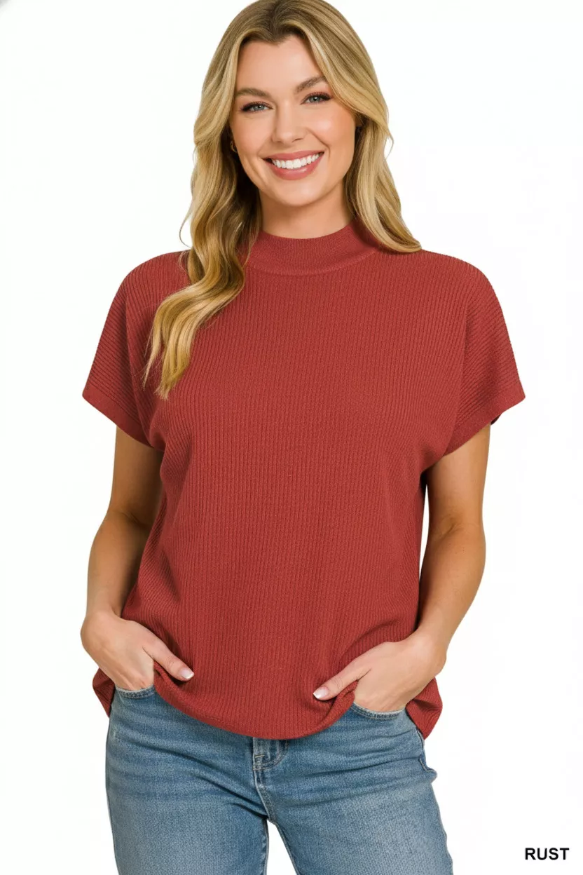 Zenana Viscose Mock Neck Short Sleeve Boxy Sweater - Image 2