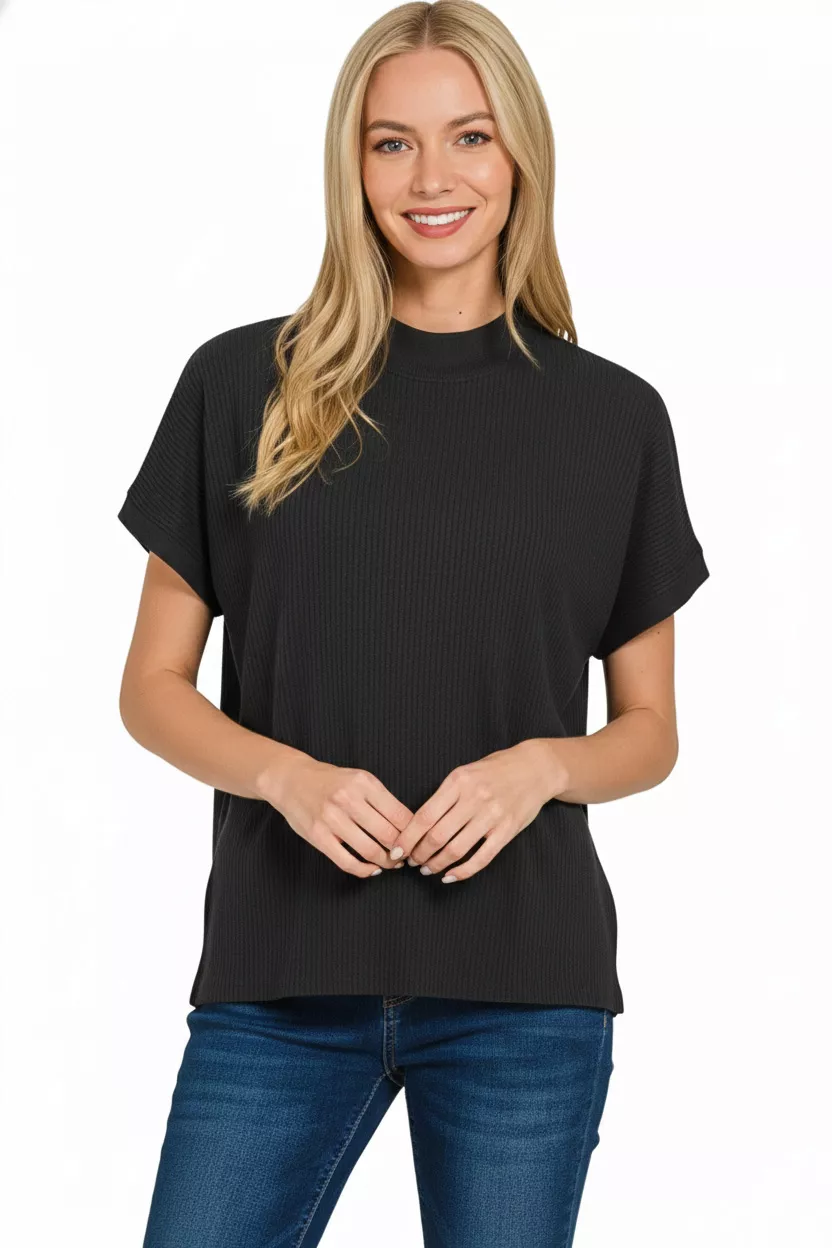 Zenana Viscose Mock Neck Short Sleeve Boxy Sweater - Image 2