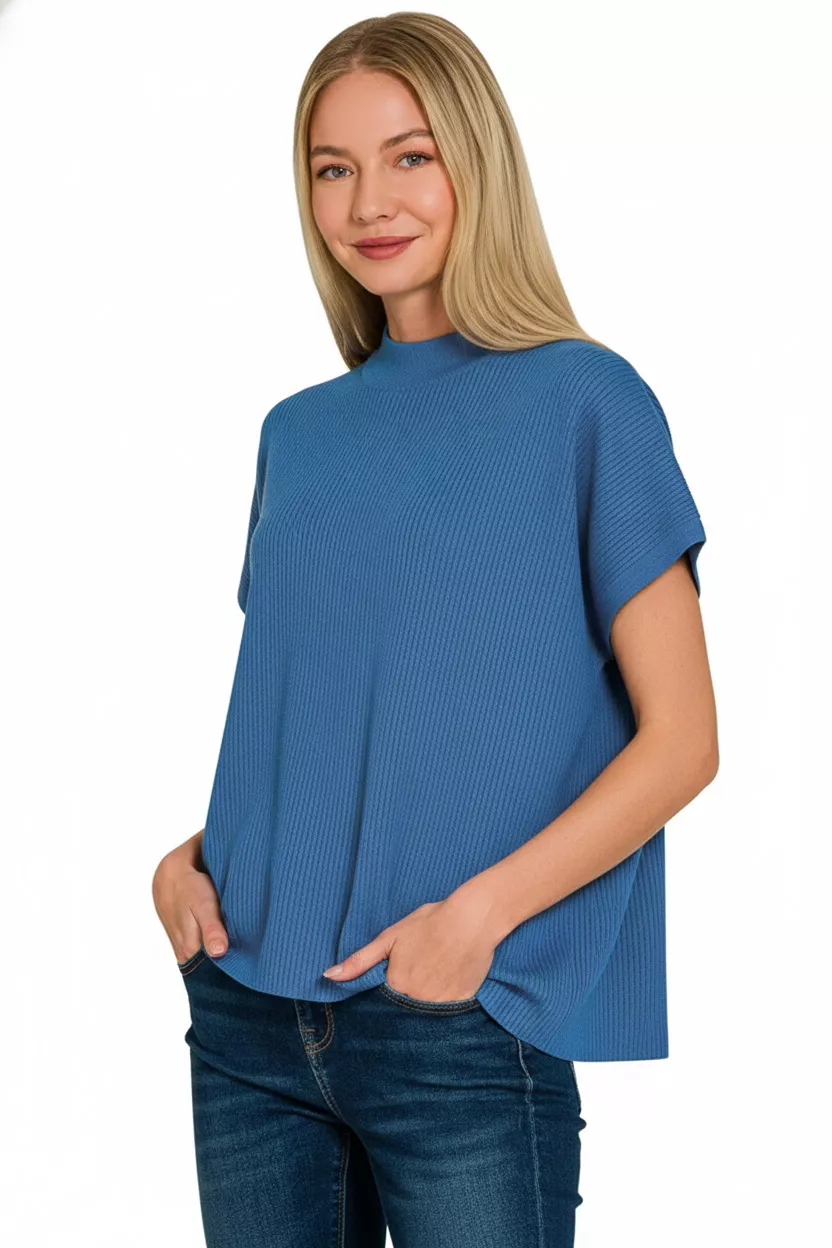 Zenana Viscose Mock Neck Short Sleeve Boxy Sweater - Image 3