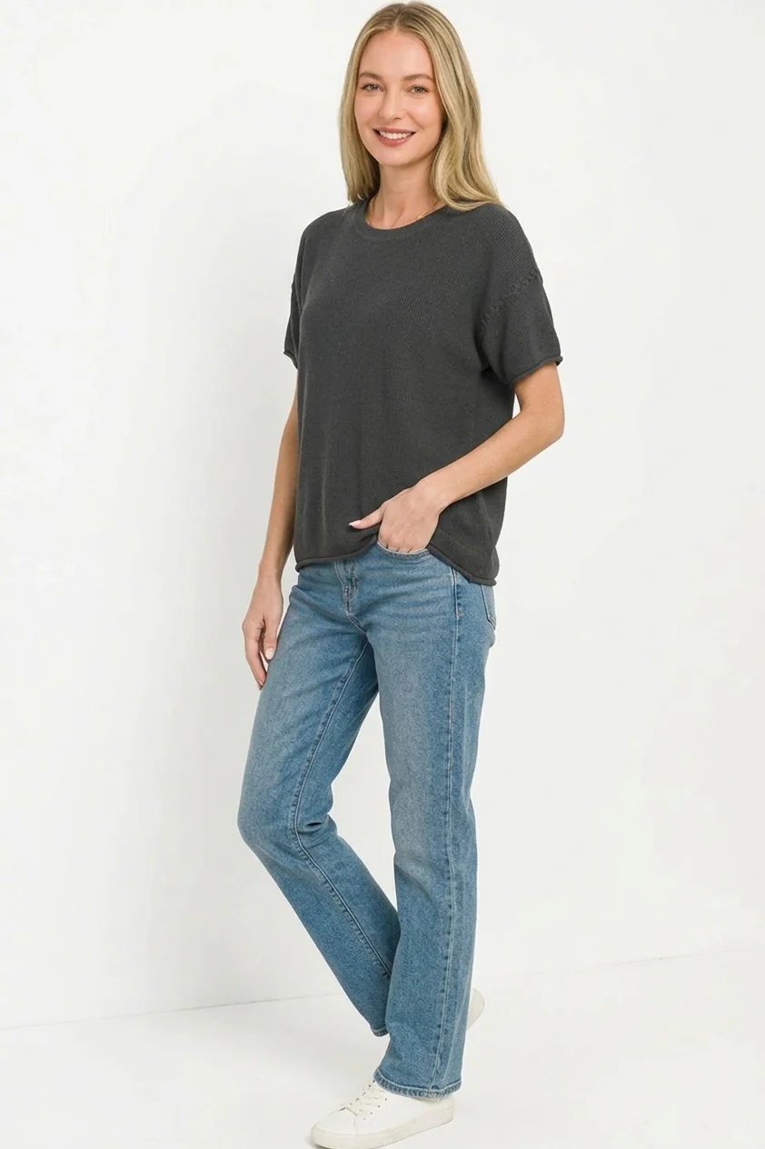 Zenana Viscose Round-neck Short Sleeve Sweater - Image 3