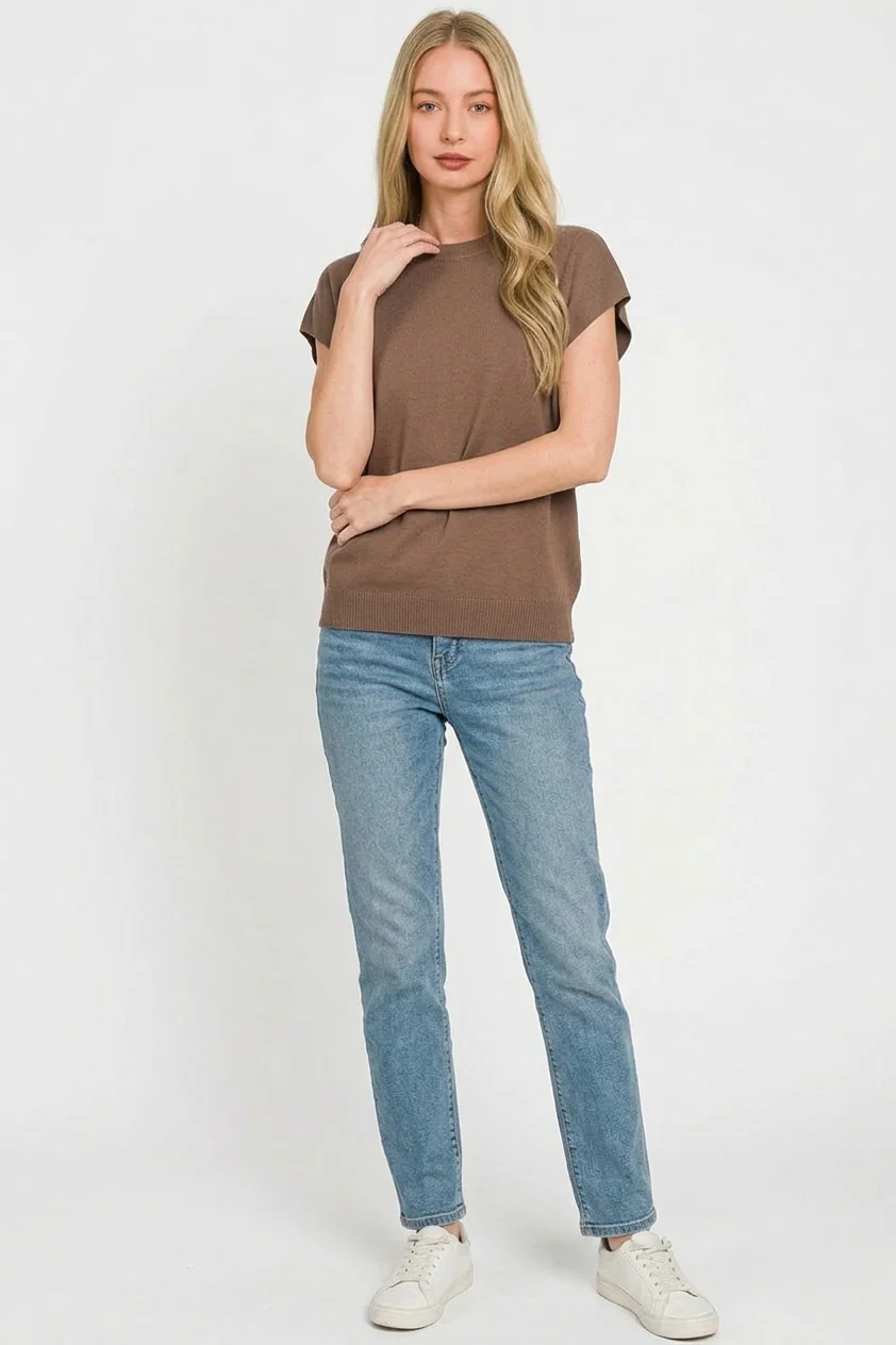 Zenana Viscose Round-neck Short Sleeve Sweater - Image 3
