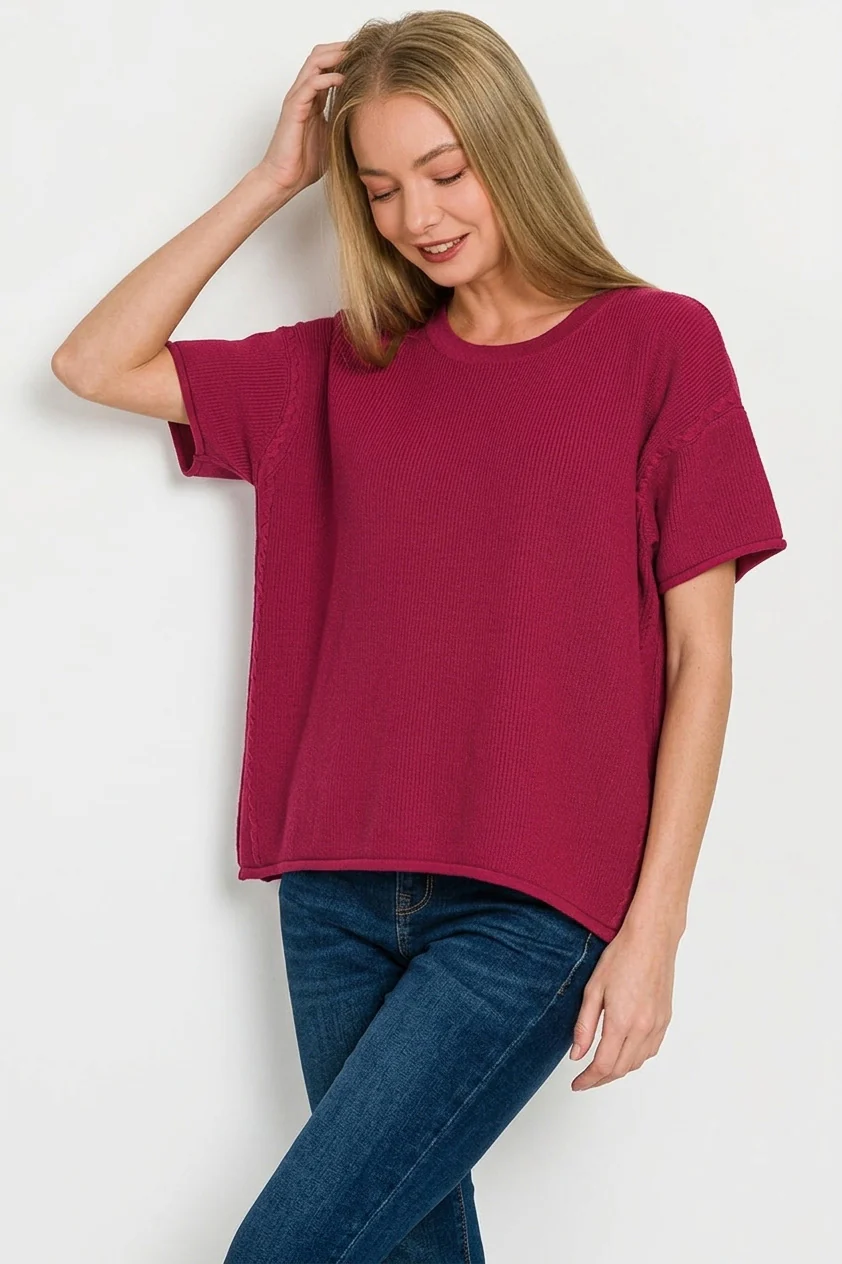 Zenana Viscose Round-neck Short Sleeve Sweater - Image 3