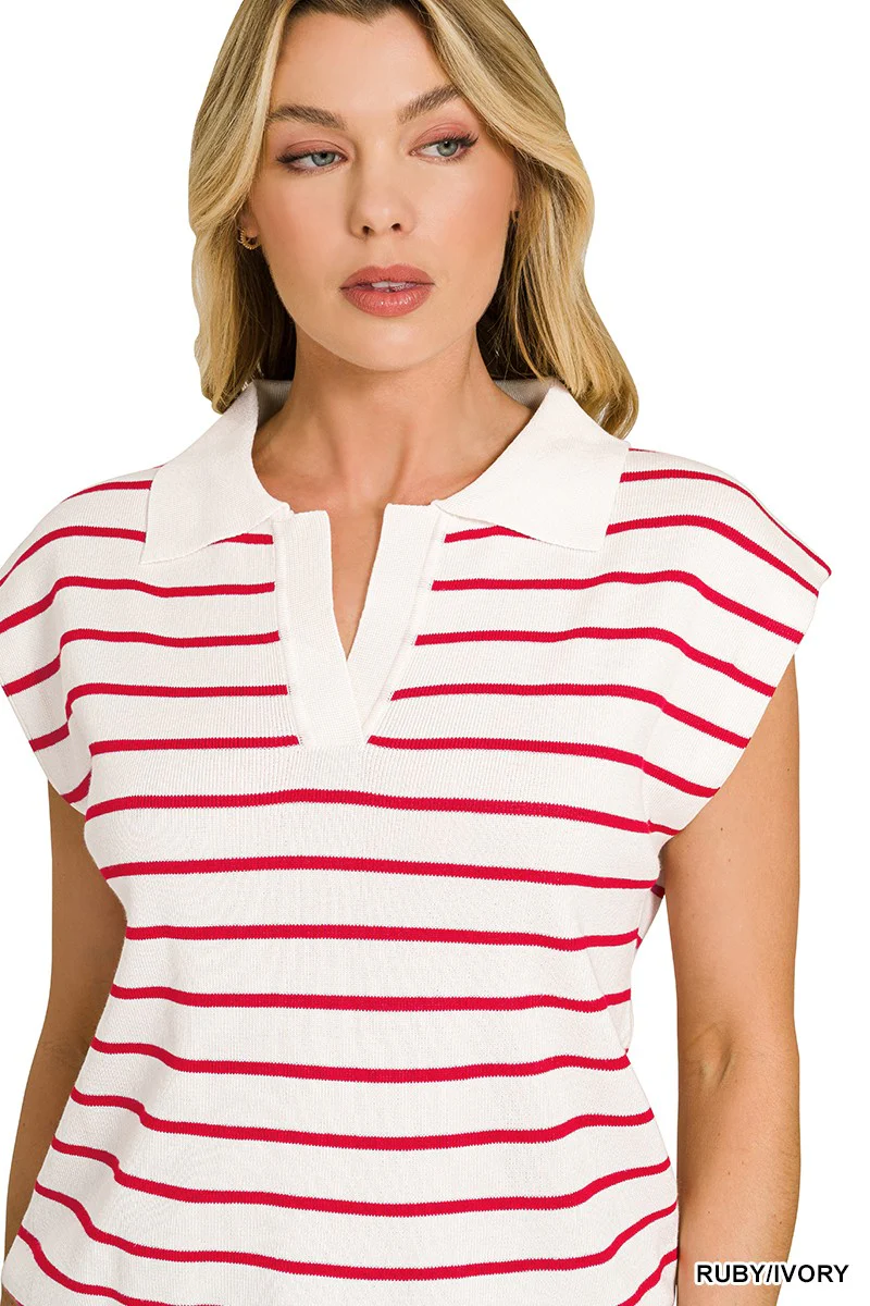 Zenana Viscose Striped Collared Sweater Vest - Image 3