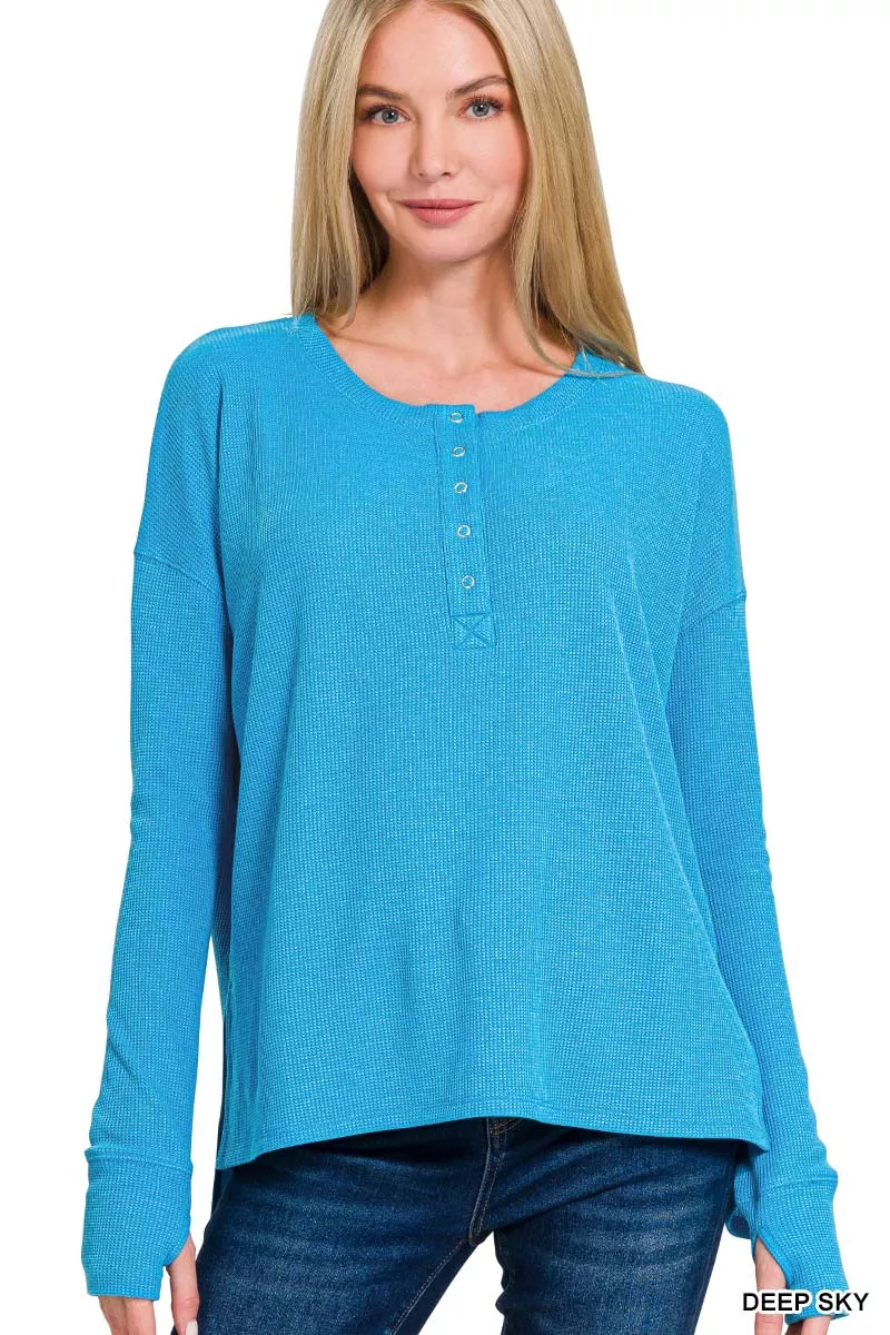 Zenana Waffle Thumb Hole Cuffs Henley Tee - Image 2