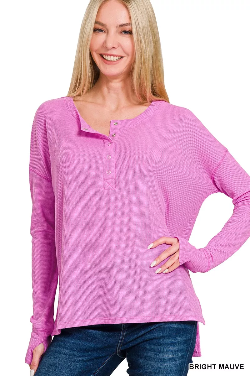Zenana Waffle Thumb Hole Cuffs Henley Tee - Image 2