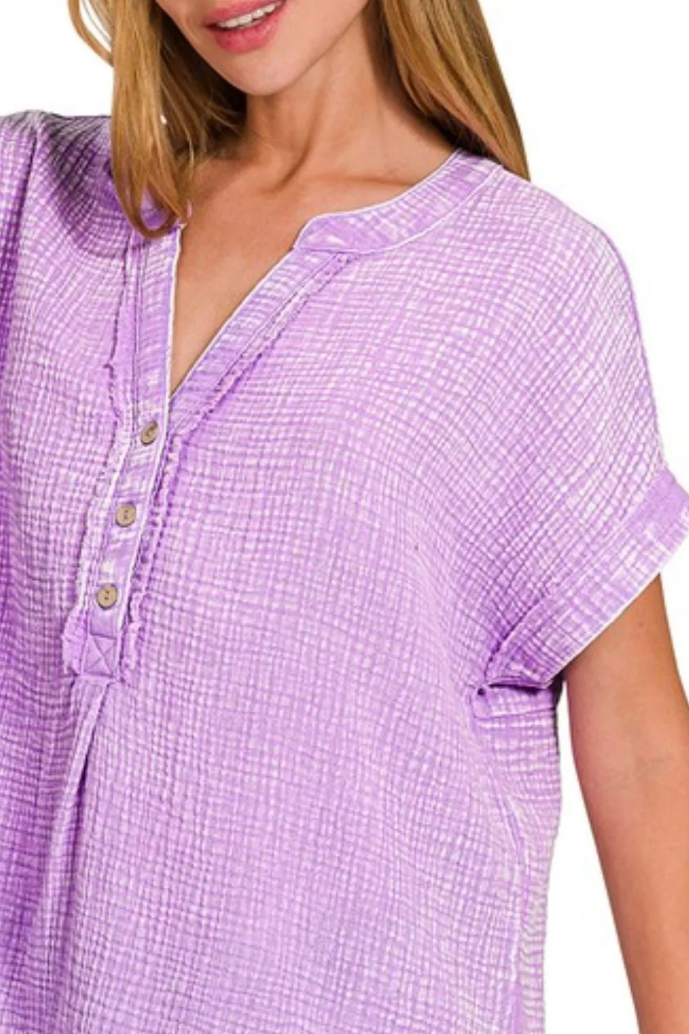 Zenana Washed Double Gauze 3/4 Button Henley Neck Shirt - Image 2