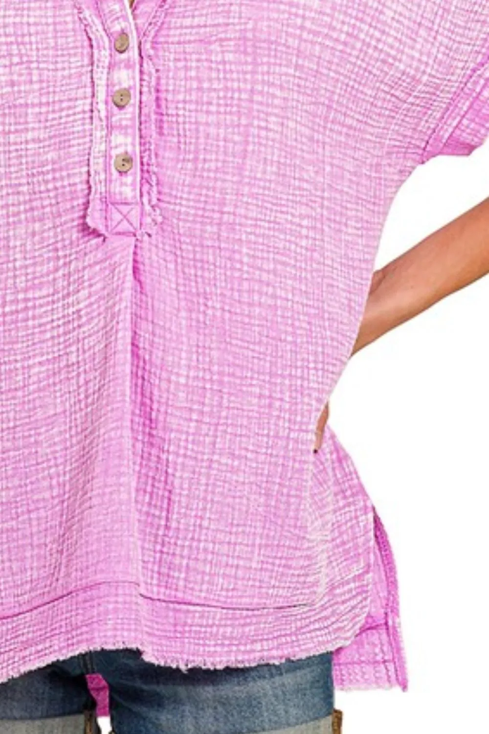 Zenana Washed Double Gauze 3/4 Button Henley Neck Shirt - Image 3