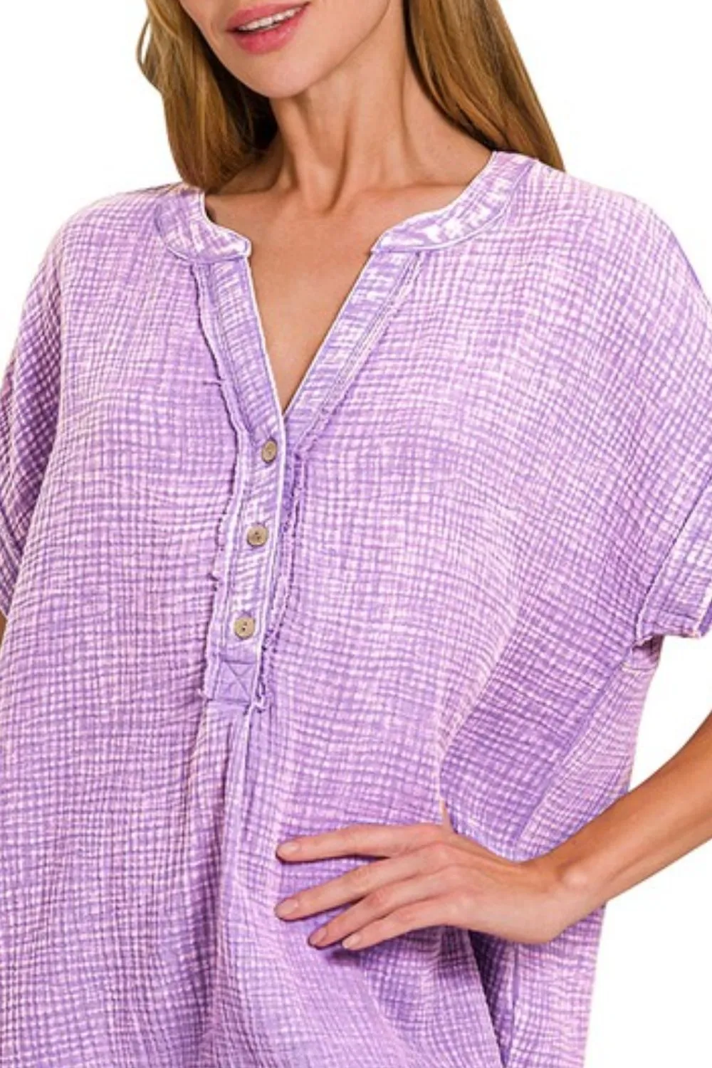 Zenana Washed Double Gauze 3/4 Button Henley Neck Shirt - Image 3