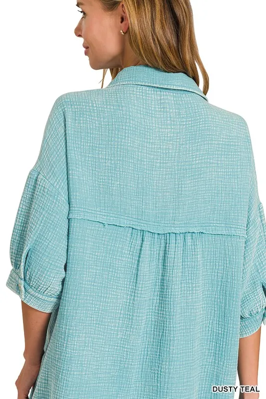 Zenana Washed Double Gauze Button Down Shirt Dress - Image 6