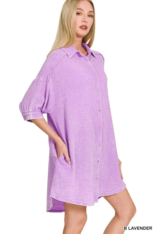 Zenana Washed Double Gauze Button Down Shirt Dress - Image 2