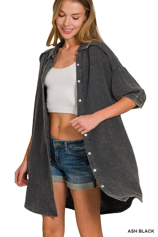 Zenana Washed Double Gauze Button Down Shirt Dress - Image 2