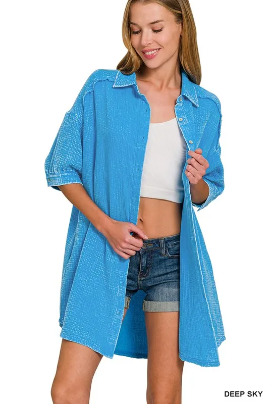 Zenana Washed Double Gauze Button Down Shirt Dress - Image 3