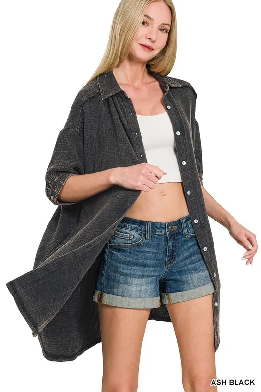 Zenana Washed Double Gauze Button Down Shirt Dress - Image 3