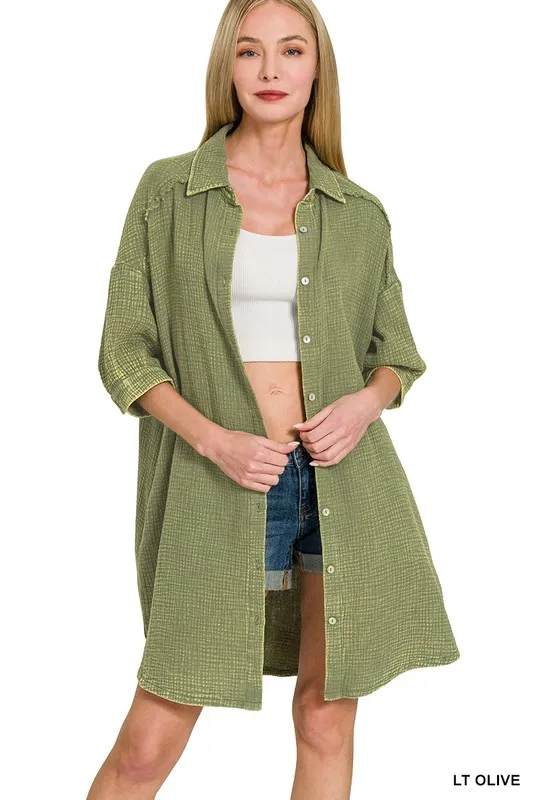 Zenana Washed Double Gauze Button Down Shirt Dress - Image 7
