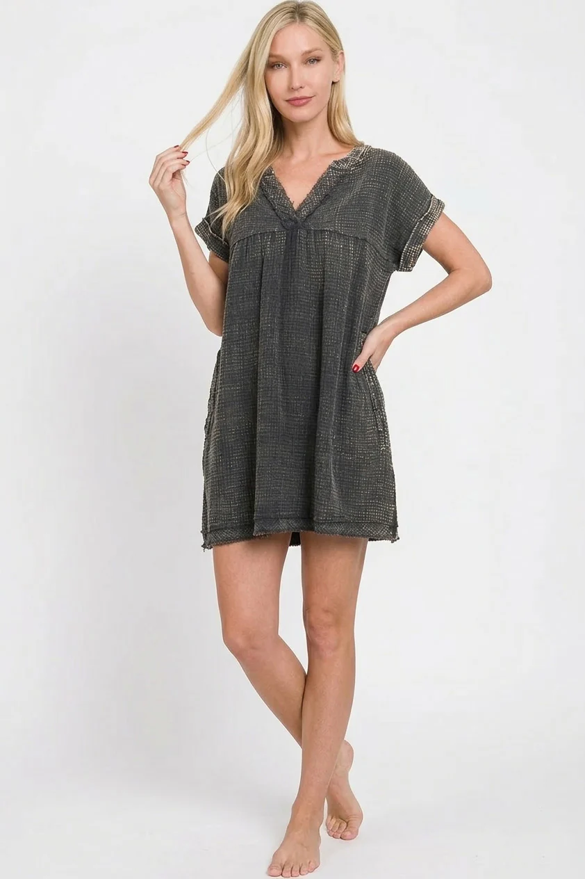 Zenana Washed Double Gauze Raw Edge V-neck Dress - Image 3