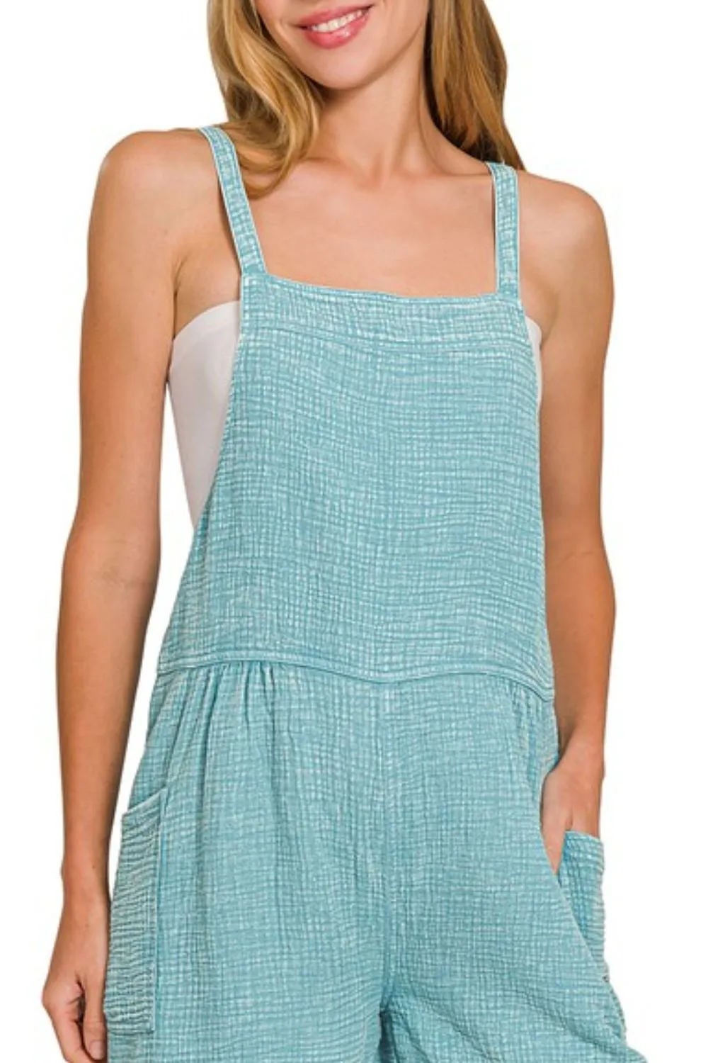 Zenana Washed Double Gauze Tie Back Rompers - Image 2