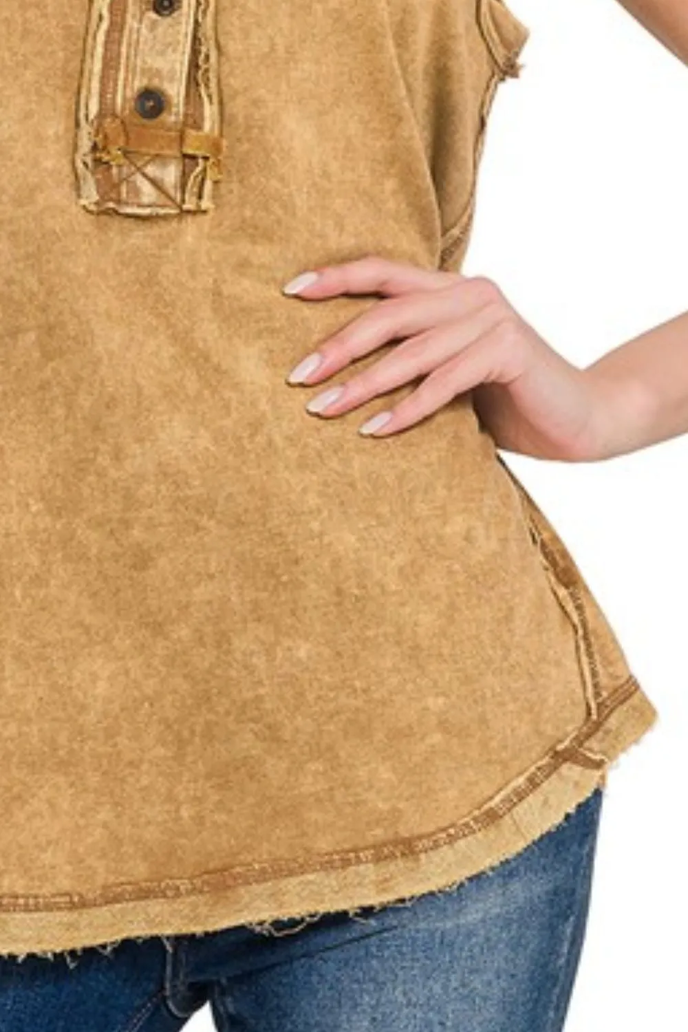 Zenana Washed Half-button Raw Edge Sleeveless Henley Top - Image 3