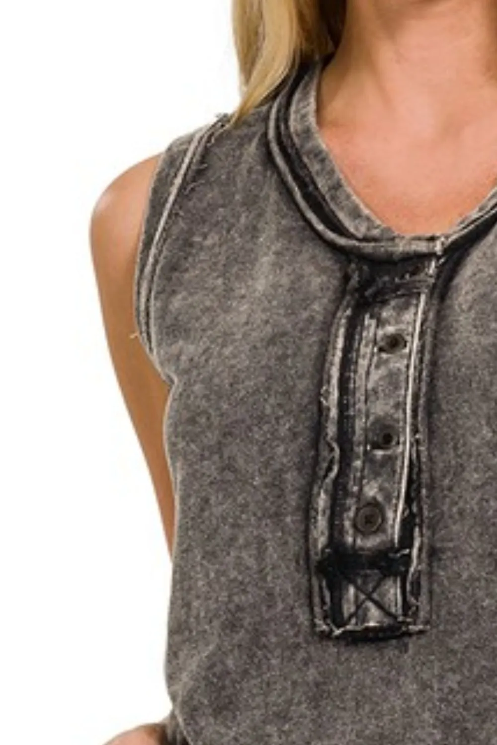 Zenana Washed Half-Button Raw Edge Sleeveless Henley Top - Image 3
