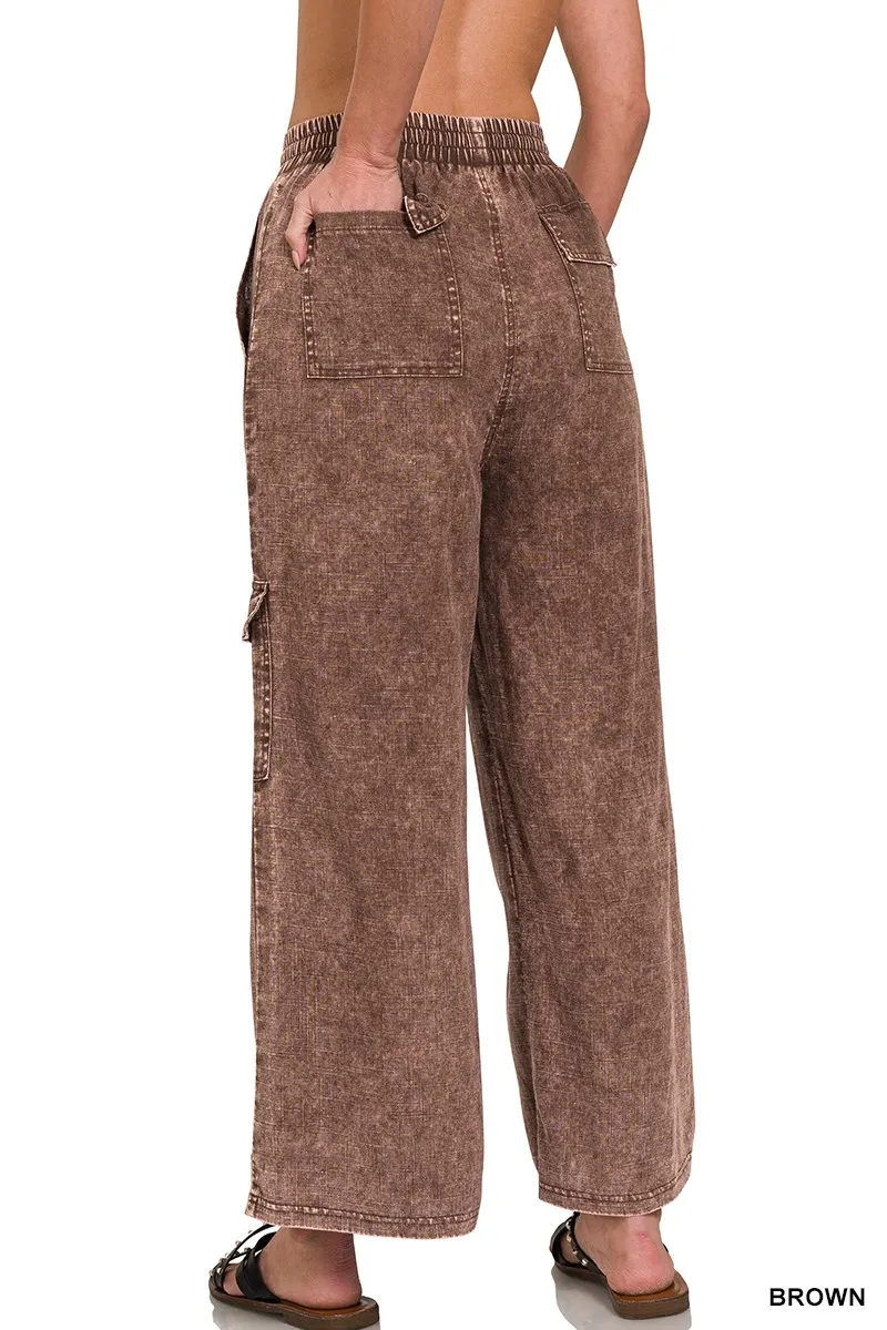 Zenana Washed Linen Elastic Band Waist Cargo Pants - Image 2