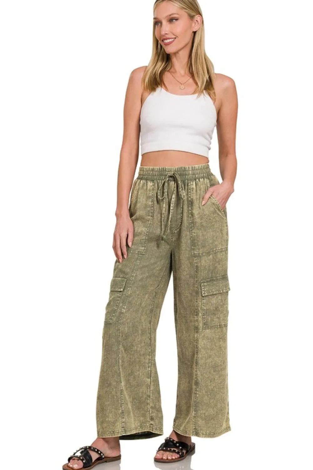 Zenana Washed Linen Elastic Band Waist Cargo Pants - Image 3