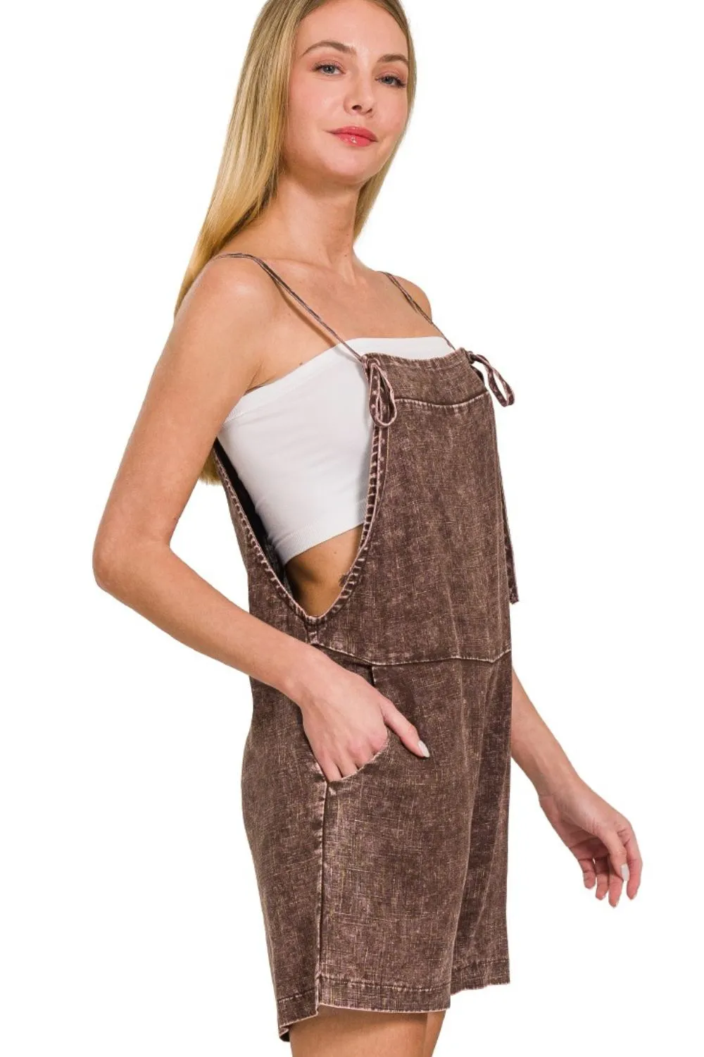Zenana Washed Linen Knot Strap Rompers - Image 2