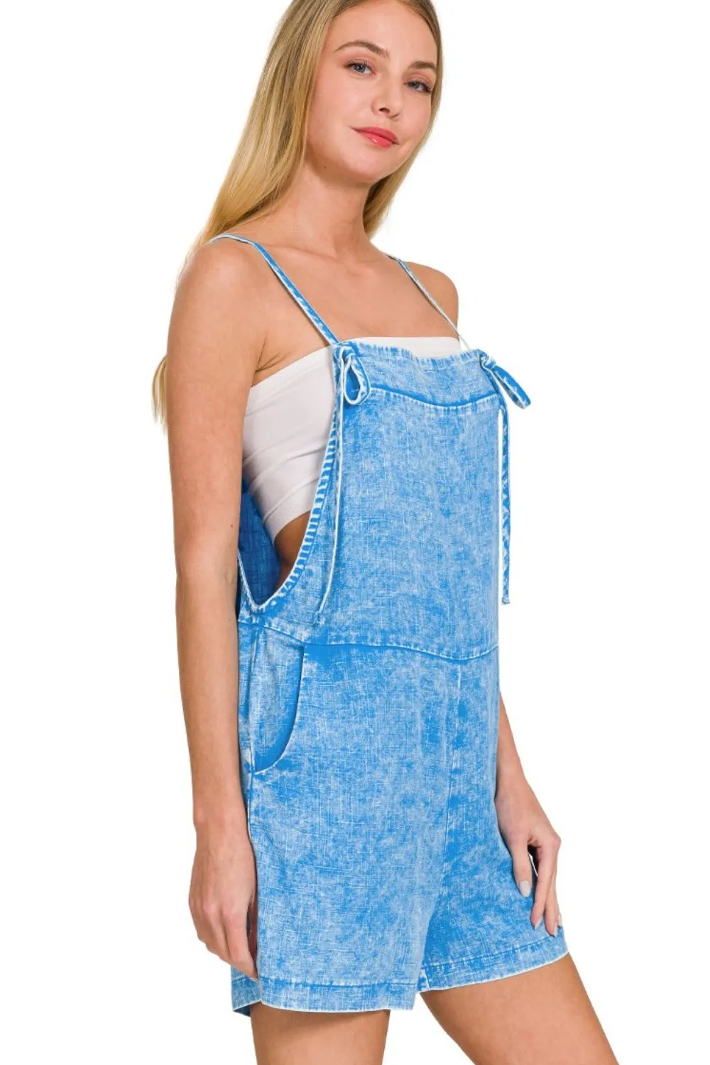 Zenana Washed Linen Knot Strap Rompers - Image 2