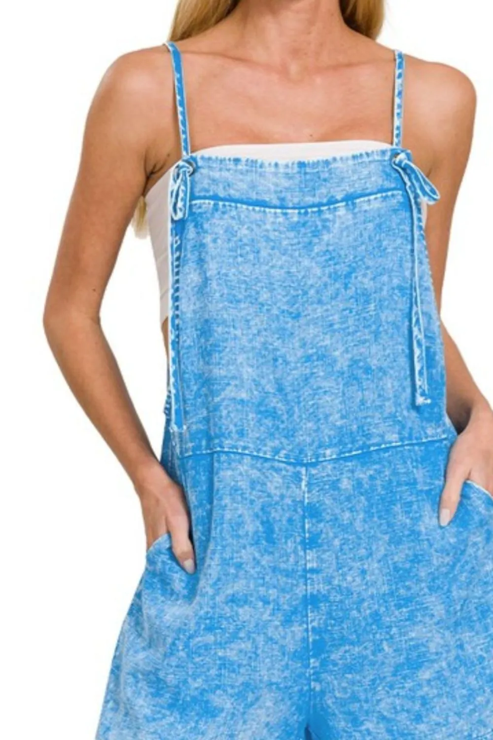Zenana Washed Linen Knot Strap Rompers - Image 3