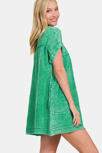 Zenana Washed Notched Short Sleeve Mini Dress - Image 2