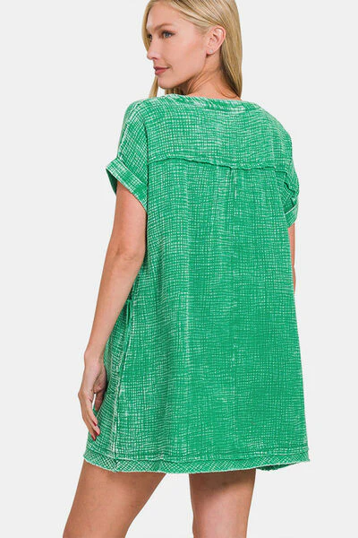 Zenana Washed Notched Short Sleeve Mini Dress - Image 3