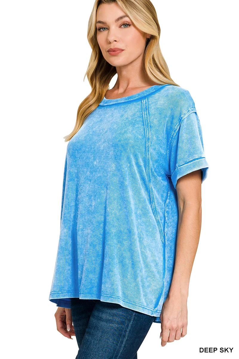 Zenana Washed Ribbed Cuffed Short Sleeve Round Neck Top - Image 2