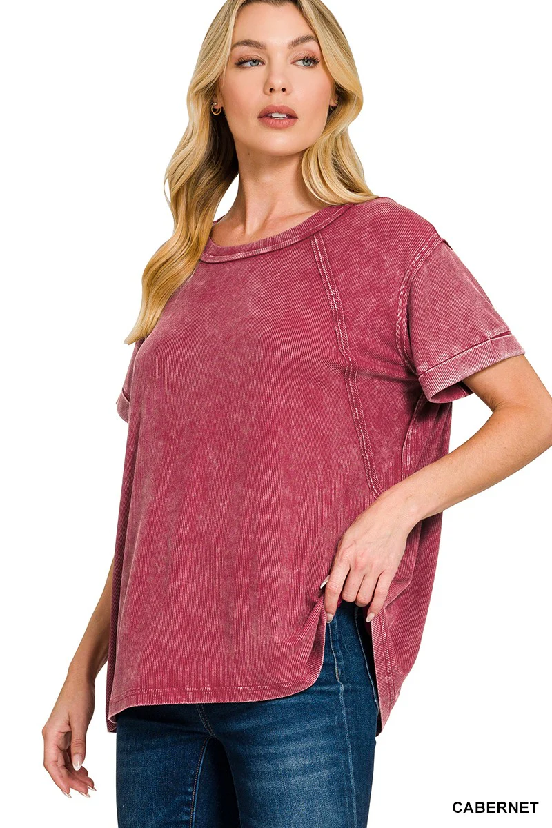 Zenana Washed Ribbed Cuffed Short Sleeve Round Neck Top - Image 2