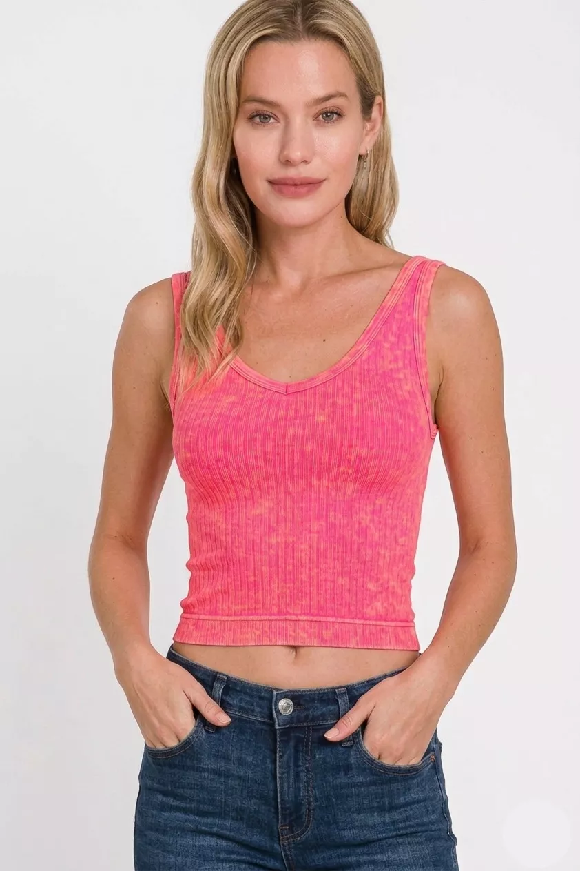 Zenana Washed Ribbed Seamless Cropped V-neck Tank Top - Image 3