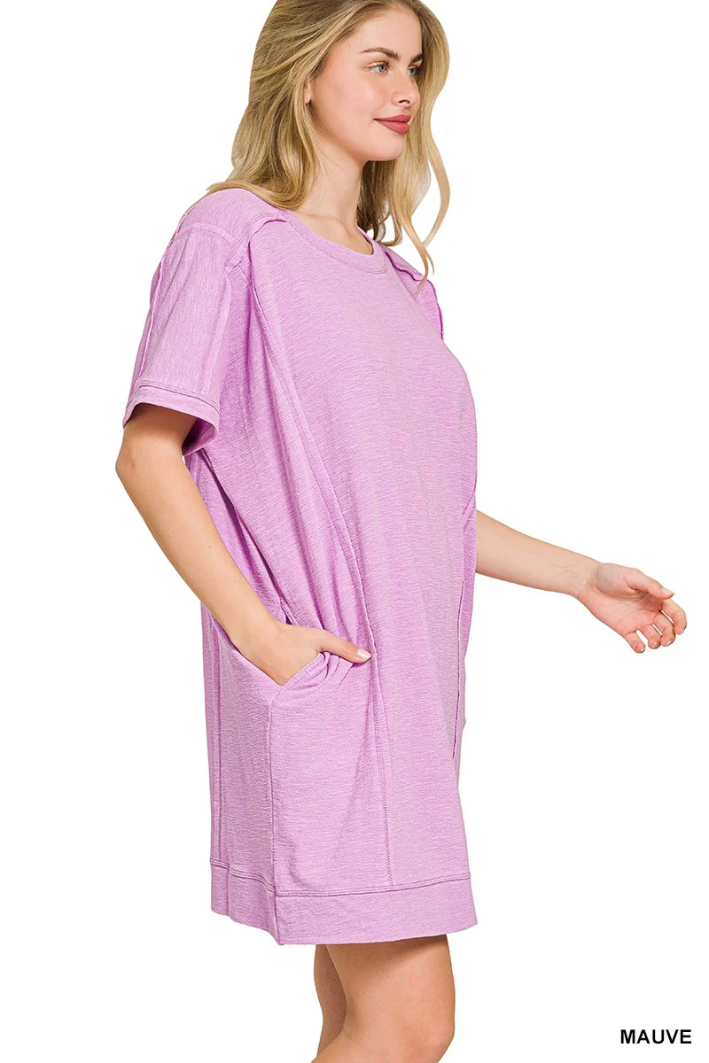 Zenana Washed Slub Short Sleeve Dress With Pockets - Image 2