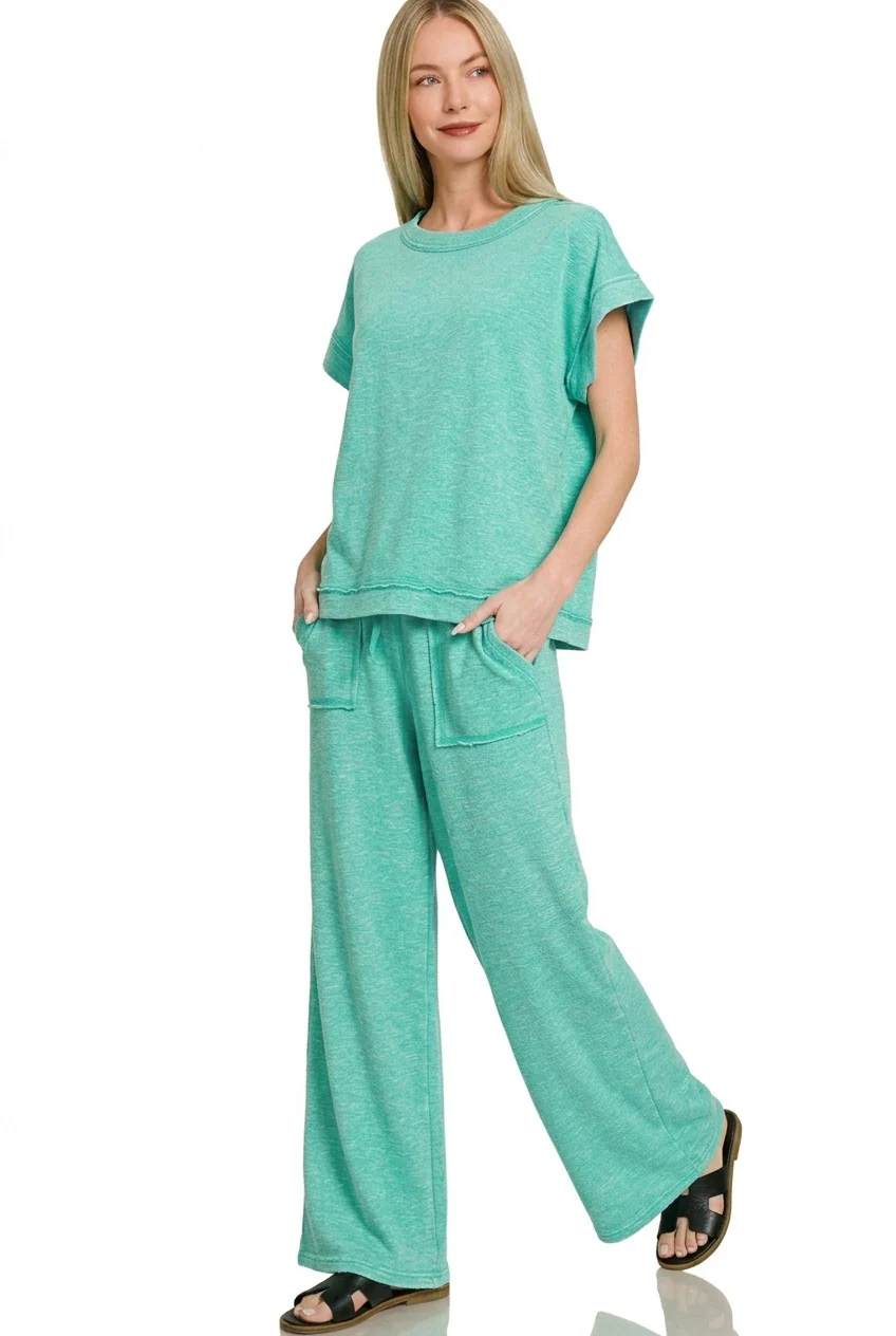 Zenana Washed Slub Short Sleeve Tee & Long Pants Set - Image 2