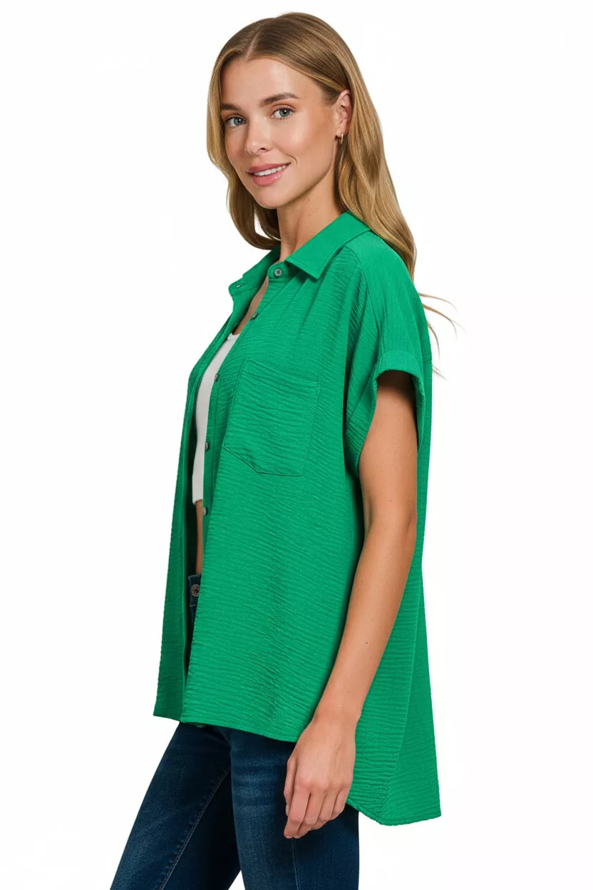 Zenana Woven Airflow Button Down Shirt - Image 3