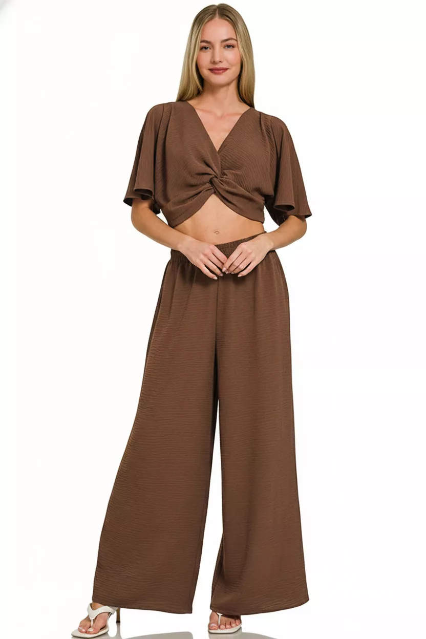 Zenana Woven Airflow Twisted Top & Wide Leg Pants Set - Image 3