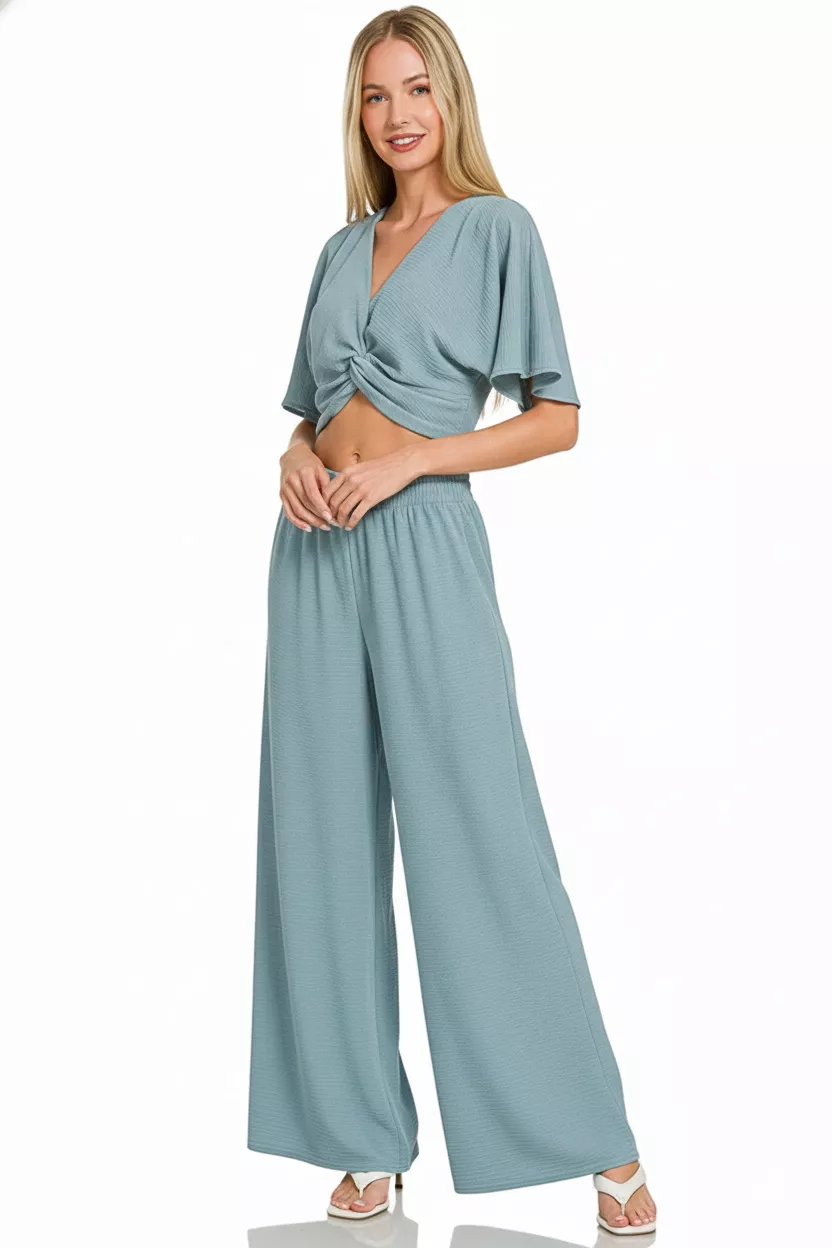 Zenana Woven Airflow Twisted Top & Wide Leg Pants Set - Image 3