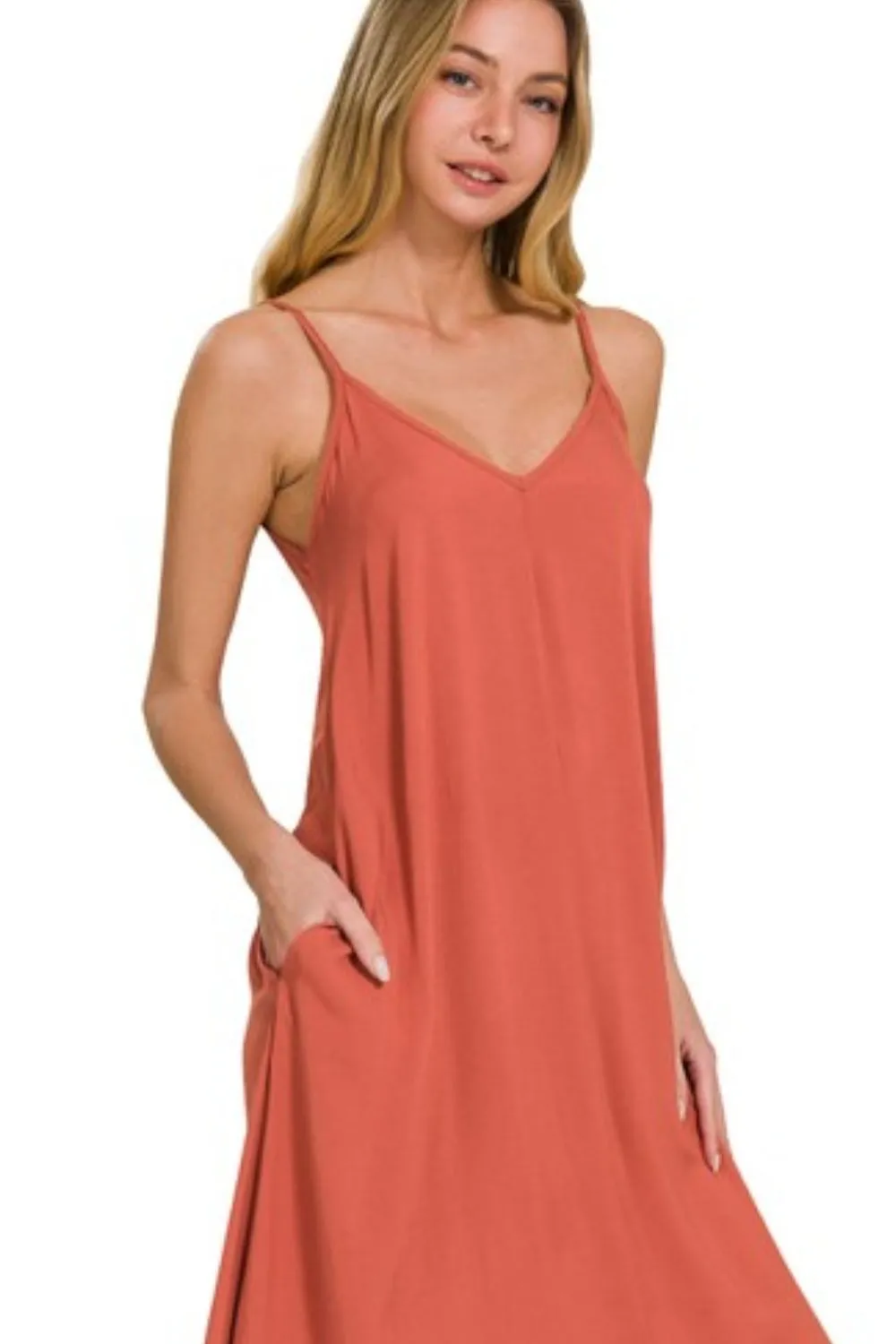 Zenana Woven Arc Hem Cami Midi Dress With Flowy Pockets - Image 2