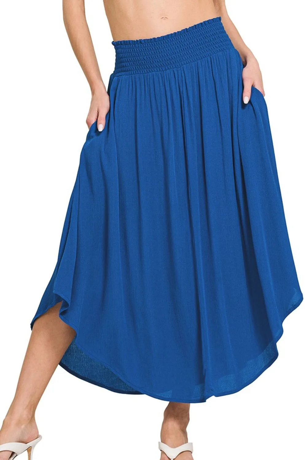 Zenana Woven Crinkle Smocked Waist Maxi Skirt W Pockets