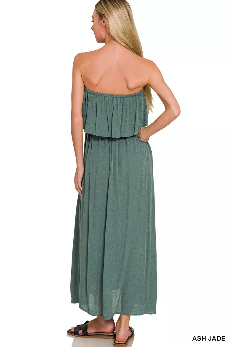 Zenana Woven Crinkle Strapless Maxi Dress - Image 3